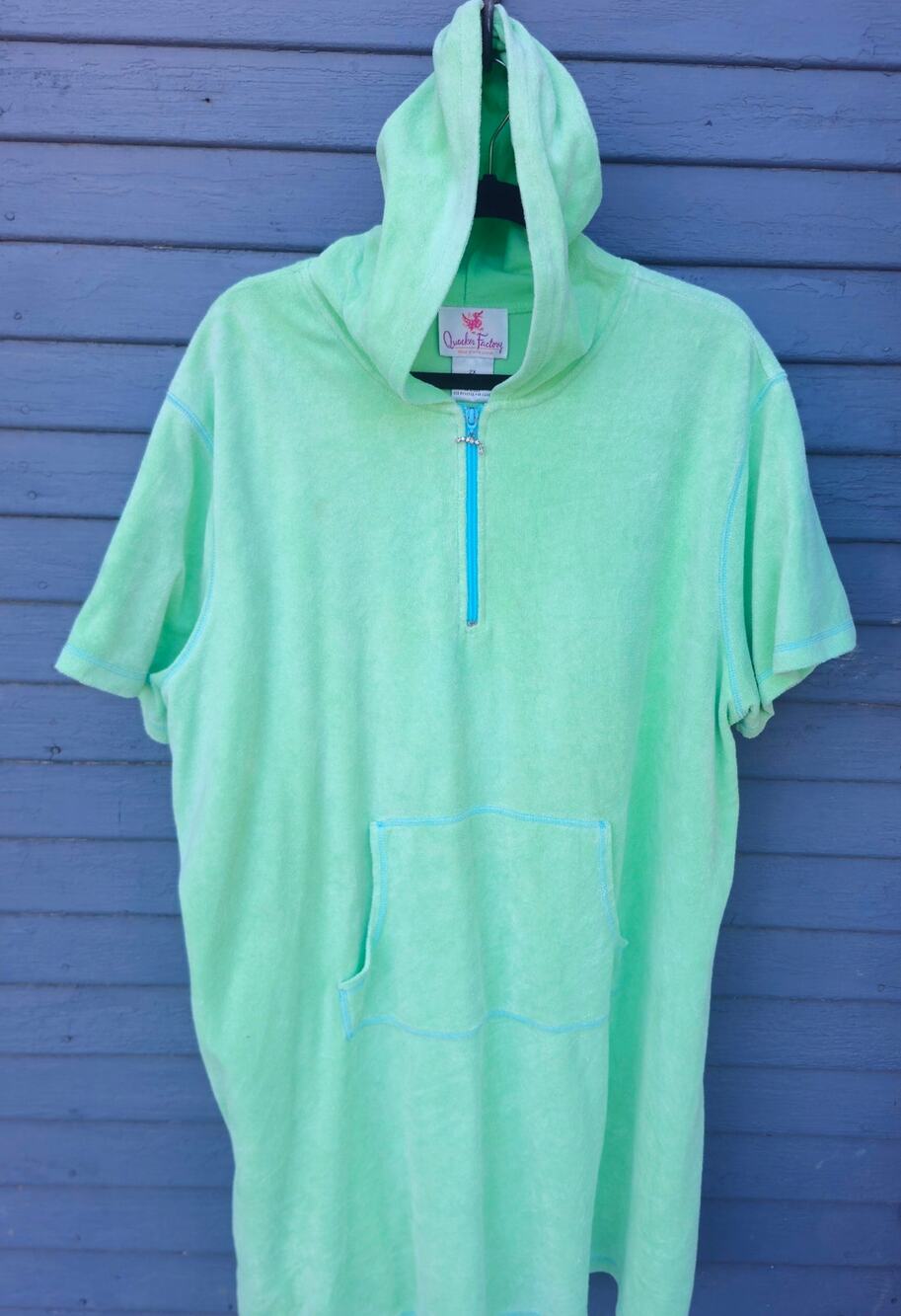 Quaker Factory SZ 2X Lime Green Terry Cloth House Coat Dressing Gowm Zip Front